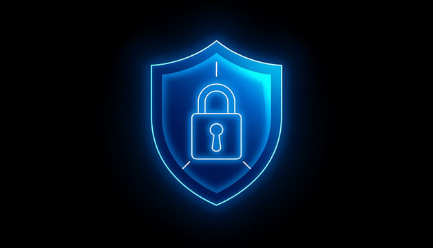 Glowing blue shield with padlock icon on black background symbolizing security and protection
