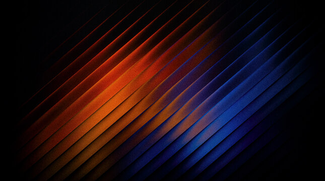 Grainy ribbed abstract background with diagonal lines in orange and blue gradient colors, textured surface with lighting effects