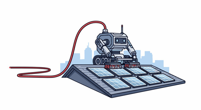 Robotic cleaner sanitizes photovoltaic panels on a rooftop with cityscape backdrop