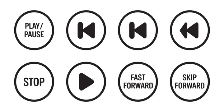 Media player control vector icons set. play, pause, stop, rewind, fast forward, skip backward and forward.