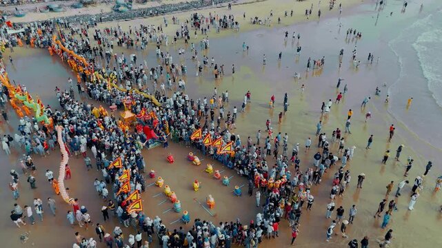 Aerial Orbit of Ba Trao Folk Singers Preparing on Phuoc Hai Beach