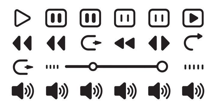 Media player control vector icon set. play, pause, rewind, fast forward, volume, slider, progress bar.