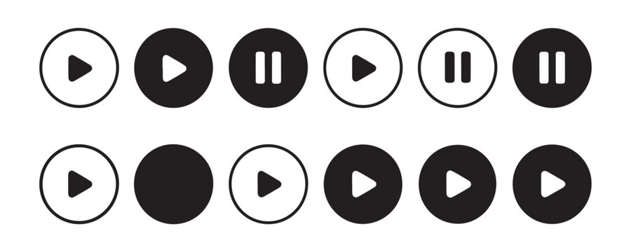 Media player control vector round icons set. play and pause buttons in different styles.