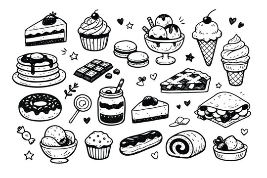 Ink Drawing Dessert Illustration Set with Hand-Drawn Doodles of Cake, Ice Cream, Pancakes, Donut, and Pastries for Restaurant Menu, Cafe Branding, Bakery Logo, Postcards, and Greeting Card Design.