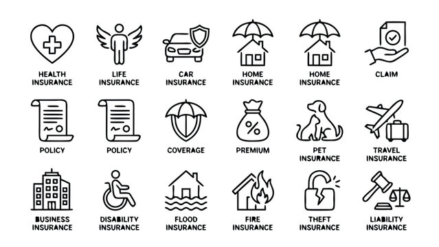 Insurance Line Icon Set with Health, Life, Car, Home, Pet, Travel, Business, Disability, Flood, Fire, Theft, and Liability Coverage, Plus Policy, Claim, Premium, and Legal Protection Symbols.