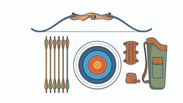 Professional Archery Equipment Set Vector Illustration Featuring a Recurve Bow, Arrows with Colorful Fletching, a Bullseye Target, Leather Arm Guard, Finger Tab, and Quiver in a Knolling Layout.
