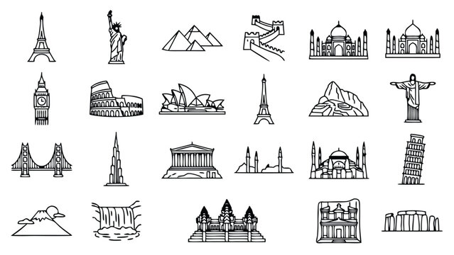 Comprehensive Set of 24 Minimalist World Landmark Line Icons for Travel and Tourism featuring Eiffel Tower, Statue of Liberty, Taj Mahal, Colosseum, Great Wall of China, and Sydney Opera House.