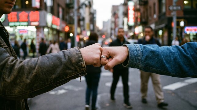 Two friends fist bumping on a city street with blurred background of people and buildings.