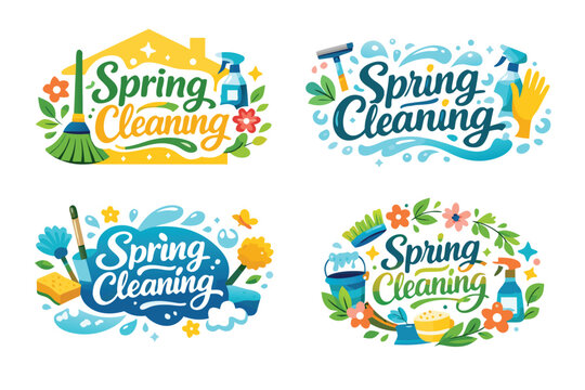 Spring Cleaning Lettering Set with House, Broom, Spray Bottle, and Flowers. Four Colorful Emblematic Logo Variations for Seasonal Home Maintenance, Housekeeping, and Professional Cleaning Services.