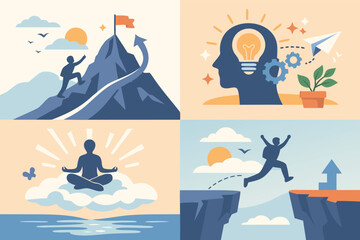 Obraz premium Set of Flat Vector Illustrations for Personal Growth, Self Improvement, and Success Featuring Mountain Climbing, Creative Thinking, Mindfulness Meditation, and Overcoming Life Obstacles.