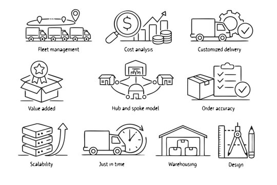 Logistics and Supply Chain Management Icon Set featuring Fleet Management, Cost Analysis, Customized Delivery, Value Added, Hub and Spoke Model, Order Accuracy, Scalability, Just in Time, Warehousing
