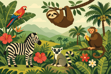 Fototapeta premium Tropical Vintage Botanical Landscape Illustration Featuring Zebra, Sloth, Lemur, Monkey Eating Banana, and Parrot. Lush Jungle Scene with Palm Trees, Hibiscus Flowers, Mountains, and Exotic Foliage.