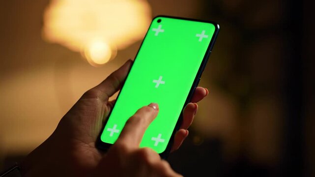 Adult hand holds a modern smartphone with a vibrant green screen, performing pinch-to-zoom. Warm bokeh, amber glow, and lens flares enhance the cozy indoor setting. Concept of intuitive digital