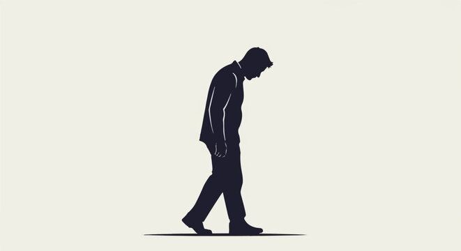Silhouette of a man with bowed head, walking with slumped shoulders and downcast gaze