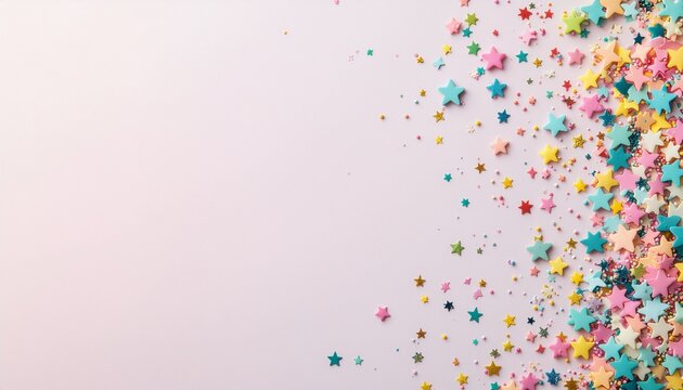 Colorful star shaped sugar sprinkles border on pastel pink background with copy space