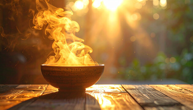 Slow motion steam rising from a hot ceramic bowl placed on a dark wooden surface, warm amber background light creating a moody atmosphere for hot soup or food concept