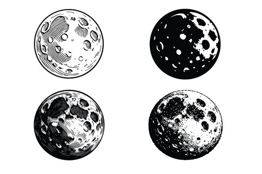 Set of four artistic black and white moon vector illustrations featuring diverse graphic techniques including line art, engraving, stippling, and high contrast stencil for celestial designs.