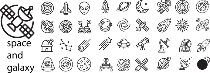 Space and Galaxy Exploration Line Icon Set – Minimalist Vector Icons for Satellite, Rocket, Astronaut, Planet Saturn, Alien UFO, Telescope, and Solar System Symbols  © vectorzking