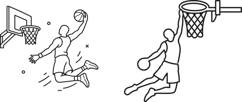 Basketball Dunk Player Line Icon Set &ndash; Minimalist Vector Icons for Basketball Player Slam Dunking, Hoop Backboard, Dynamic Sports Motion, and Athlete Training Symbol 