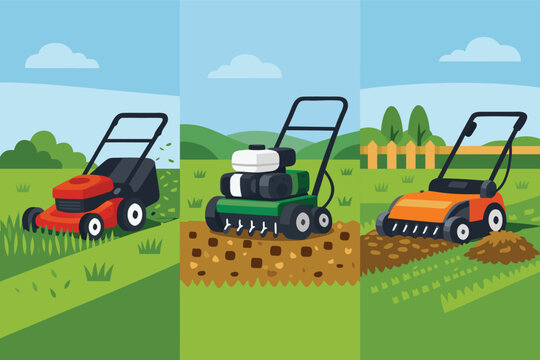 Professional Lawn Care Maintenance Illustration Featuring Three Stages: Grass Mowing with Red Mower, Soil Aeration with Green Aerator, and Thatch Removal with Orange Scarifier in Flat Vector Style.