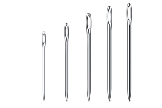 Set of Vector 3D Realistic Sewing Needles with Large Eye for Hand Stitching and Darning. Isolated Metallic Steel Tailoring Needles for Embroidery, Crafting, and DIY Projects on White Background.