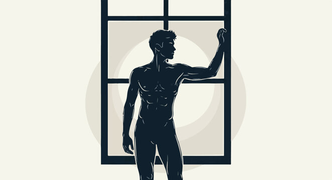 Silhouette of a muscular man with defined abs standing by a window, hand raised