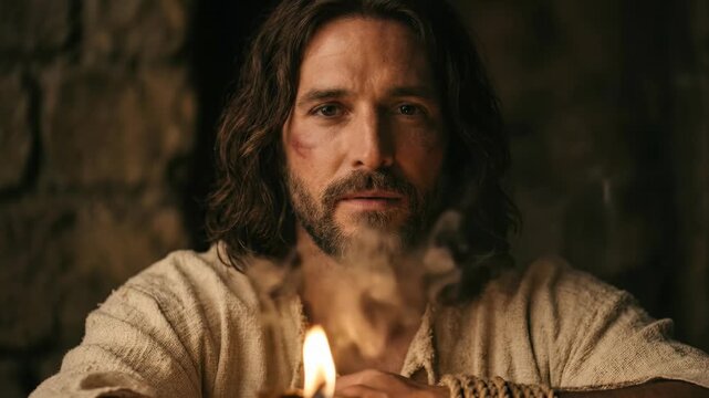 jesus christ listening intently to his disciples during the last supper in a dimly lit stone room with a warm burning candle