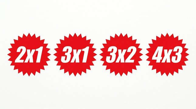 Set of red starburst promotional retail labels displaying multi-buy deals isolated on a solid white background