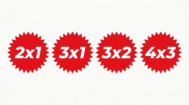 Set of red starburst promotional retail labels displaying multi-buy deals isolated on a solid white background