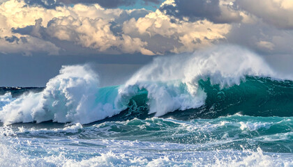 Powerful turquoise ocean wave breaking with white foam under a dramatic stormy sky, magnificent crashing sea water splash and cinematic dynamic nature landscape backdrop © anandart
