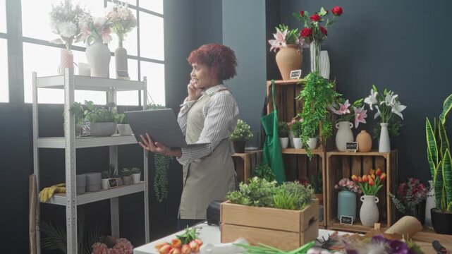 Woman florist holding laptop and phone to ear with left hand on keyboard, standing among flowers and wooden crates in studio; cheerful small business owner.