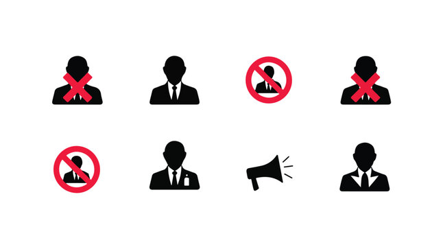 Professional business avatars with red prohibition and cross cancellation overlay icons.