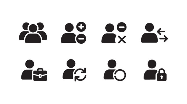 Set of user account management icons featuring people groups plus minus and security.
