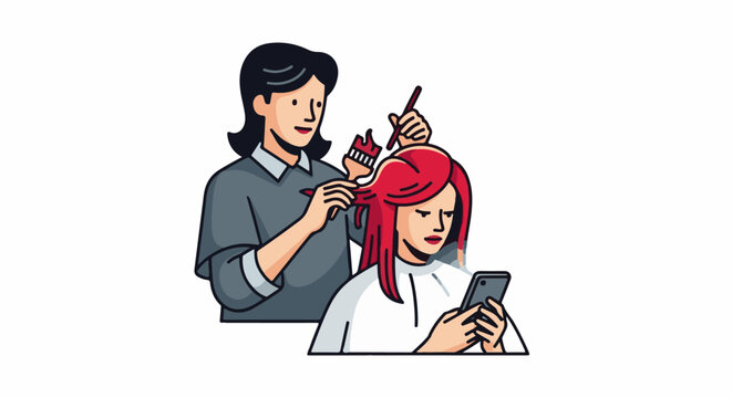 Stylist applies dye to client's vibrant red hair while client scrolls on phone