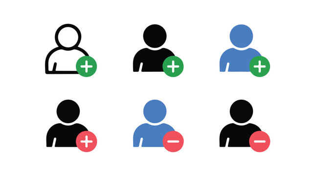User icons with add remove plus minus symbols outline solid black blue red.
