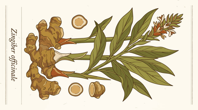 Ginger root with leaves and slices