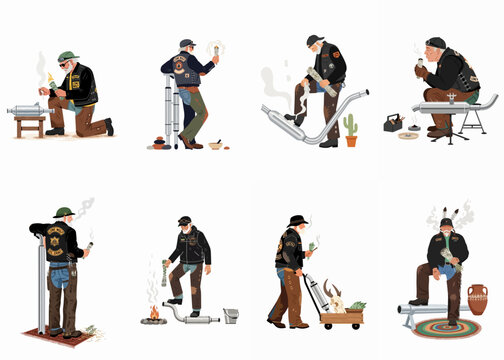 Set of illustrations depicting a senior biker performing spiritual smudging rituals on motorcycle exhaust parts with sage bundles in a flat design style.