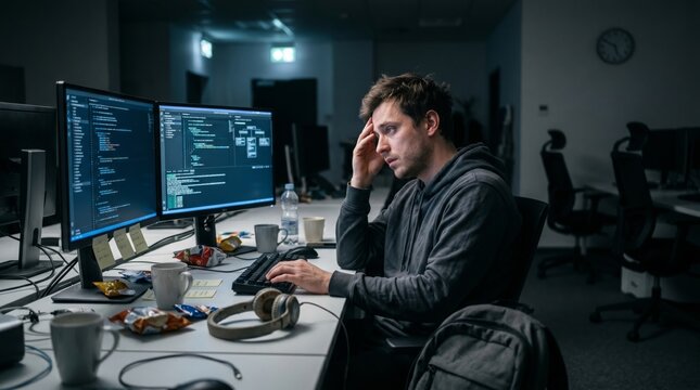 Frustrated programmer working late at night on computer screens.