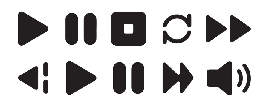 Media player control buttons set with play, pause, stop, loop, fast forward, rewind, and volume icons.