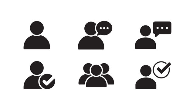 Set of black user profile person icons with speech bubbles and checkmarks for website.