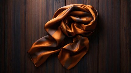Fototapeta premium Elegant silk scarf featuring rich bronze and brown hues artfully draped on a dark, textured wood surface.