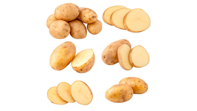 A small pile heap of raw fresh organic unpeeled yellow potatoes isolated on transparent background
