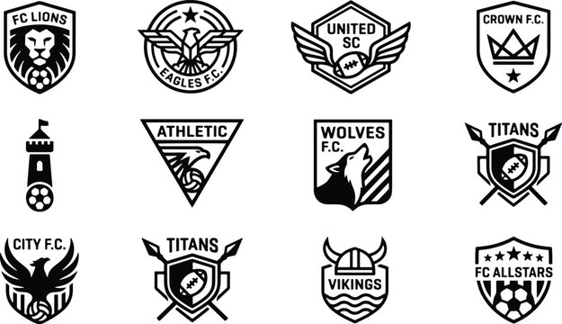 Collection of sport team emblems lions eagles united titans wolves vikings soccer football club logos.