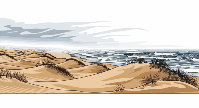 Sandy dunes with sparse grass meet the ocean under a cloudy sky
