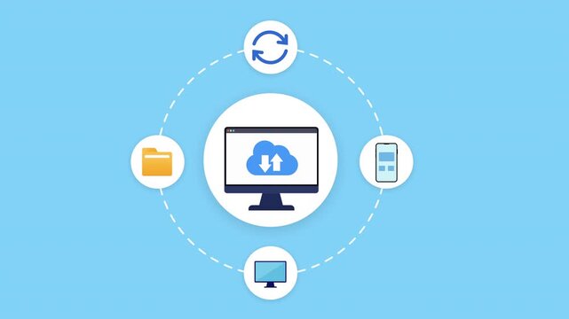 Animated cloud file transfer illustration featuring connected synchronization, folder, mobile device, and computer icons around a computer interface in a smooth looping technology scene.