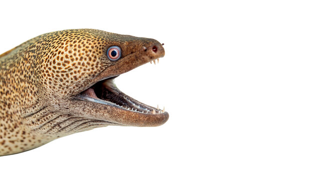 A dangerous brown moray eel creature showing its sharp teeth isolated on transparent background