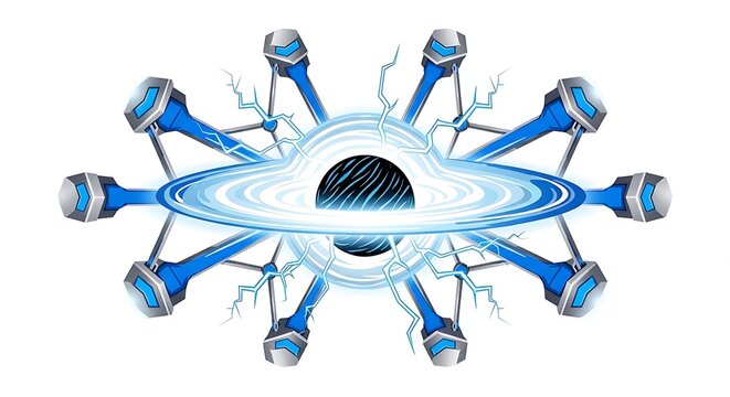 Sci-fi energy core: textured black sphere with blue ring, surrounded by mechanical arms and lightning effects.