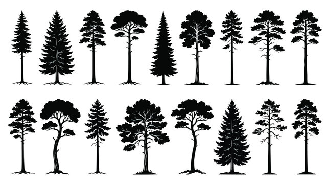 Black pine tree silhouettes, collection of 18 evergreen conifer vector elements, minimalist forest fir and spruce shapes for landscape design