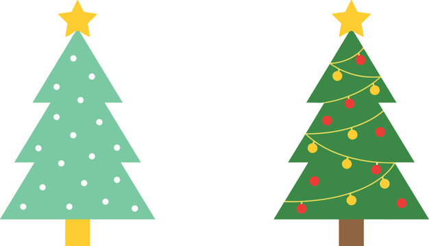 Flat Design Decorated Christmas Tree Set with Golden Star Toppers Red and Yellow Baubles and Snow Dots Vector Illustration for Winter Holiday Media Designs