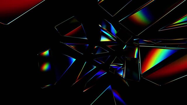 Geometric explosion of dark crystal shards with neon rainbow prism light dispersion